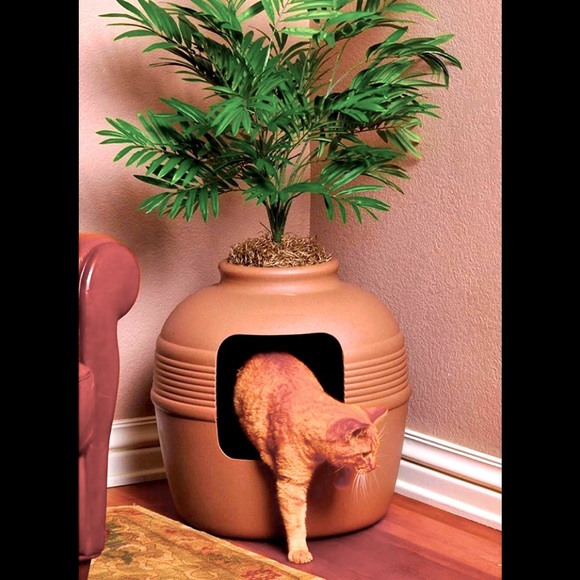 Cat Hidden Kitty Litter Box Planter Faux Clay Vase With Greenery And